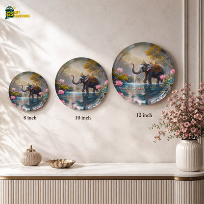 Glossy ceramic wall plate featuring a decorated elephant surrounded by colourful flowers and a scenic landscape.