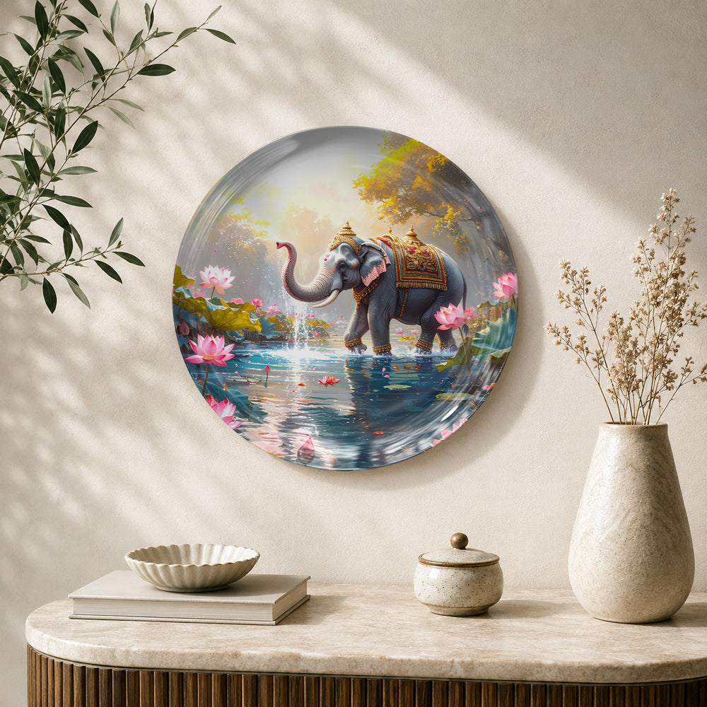 Royal Elephant in Bloom ceramic wall plate featuring a majestic elephant surrounded by colourful flowers and serene waters.
