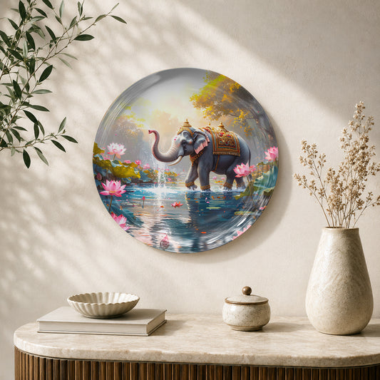 Royal Elephant in Bloom ceramic wall plate featuring a majestic elephant surrounded by colourful flowers and serene waters.