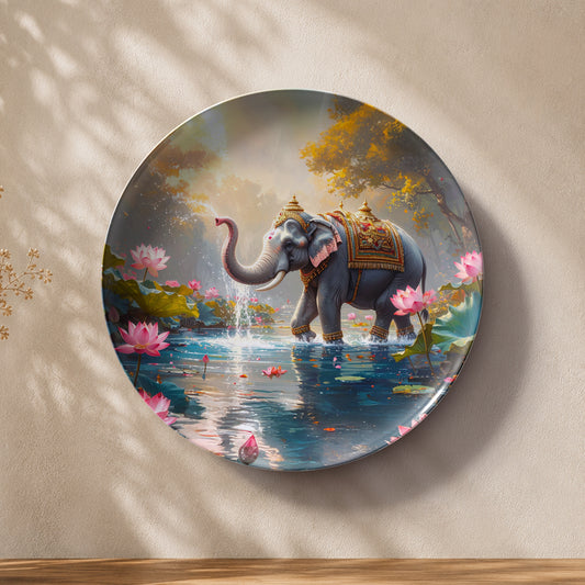 Premium ceramic wall plate showcasing an elegant Indian elephant in a vibrant floral landscape.