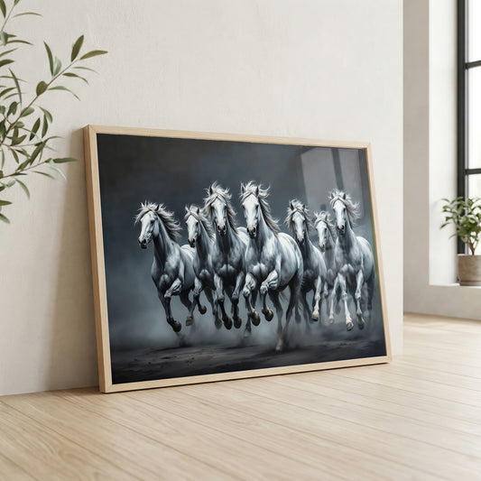 Monochrome 7 running horses canvas wall art featuring majestic white horses charging forward together