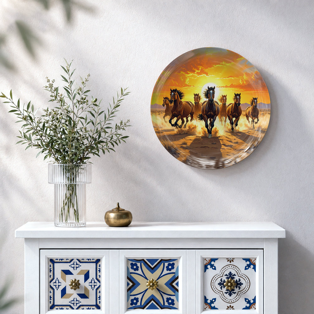 Seven galloping horses ceramic wall plate featuring a dramatic golden sunset landscape