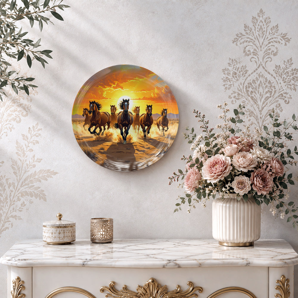 Vaastu seven horses wall decor plate with running horses and vibrant orange sunset artwork