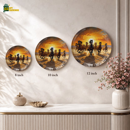 Seven horses Vaastu ceramic wall plate with sunset artwork and premium gift box