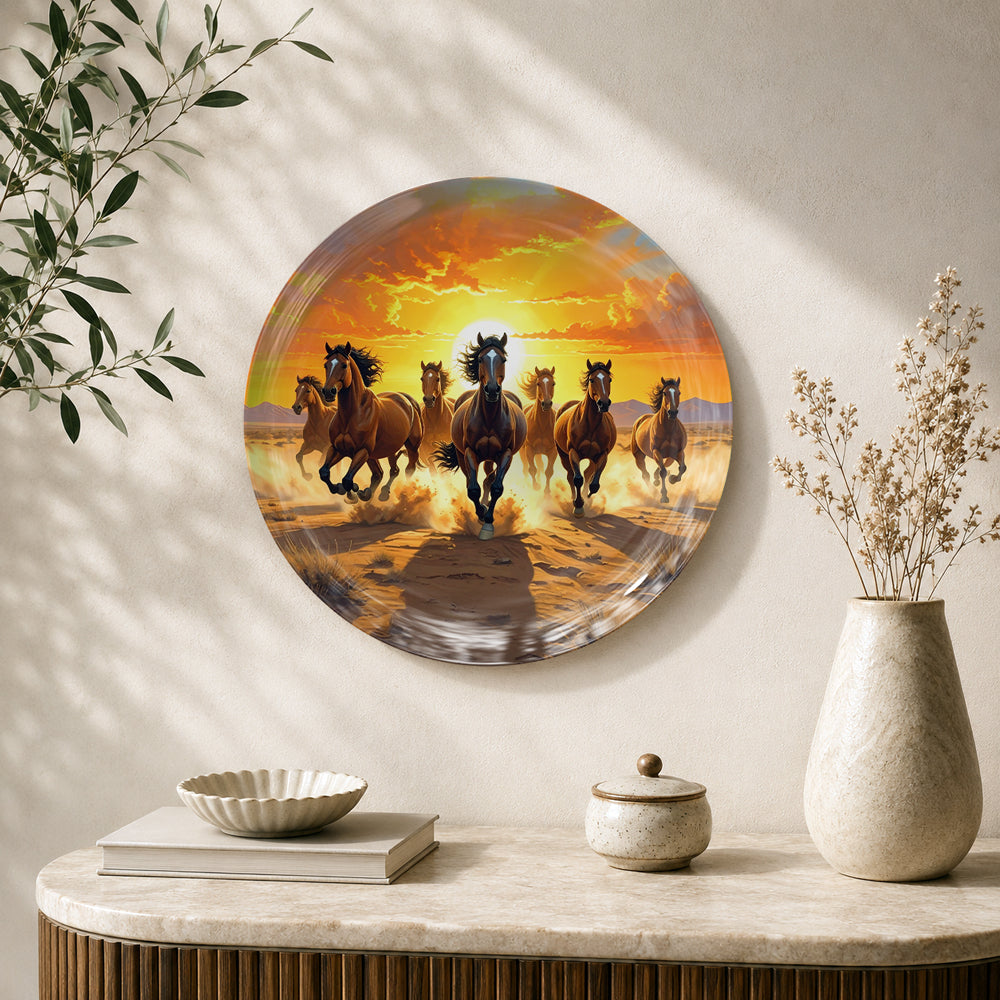 Spirit of the Wild Vaastu seven horses ceramic wall plate with galloping horses at sunset