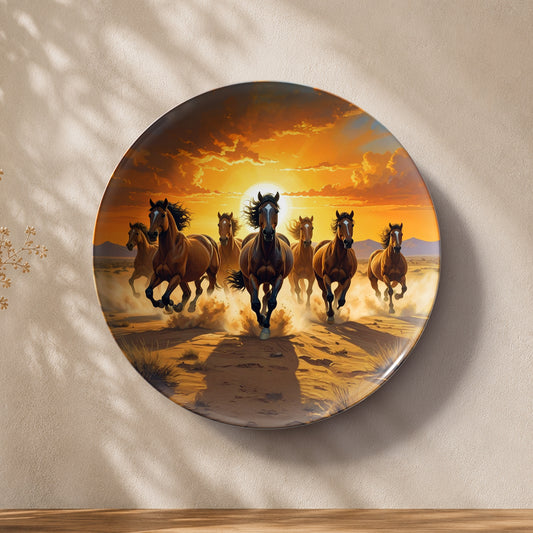 Spirit of the Wild seven horses ceramic wall plate for Vaastu and Feng Shui home decor