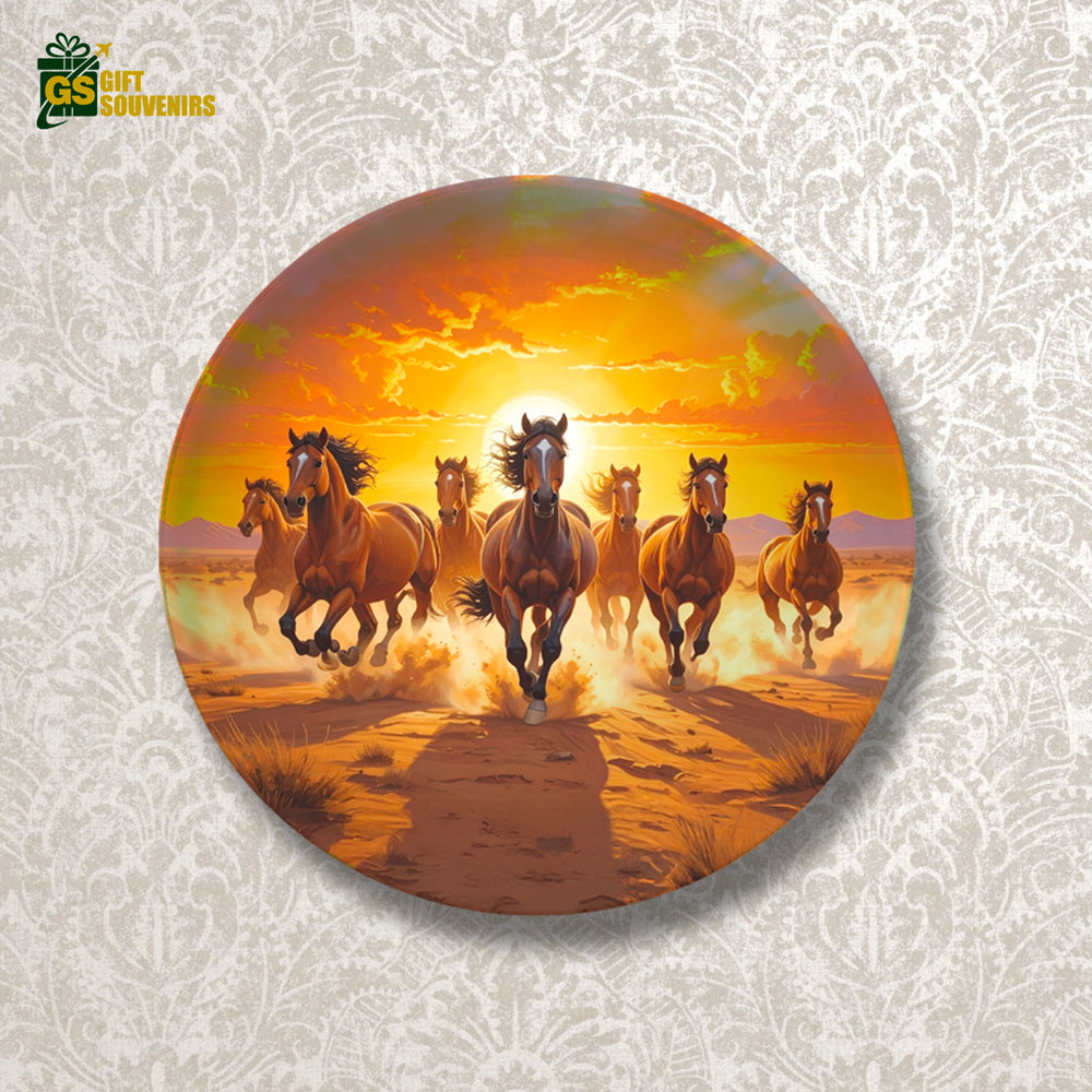 Spirit of the Wild – Galloping 7 Horses at Sunset Ceramic Wall Plate