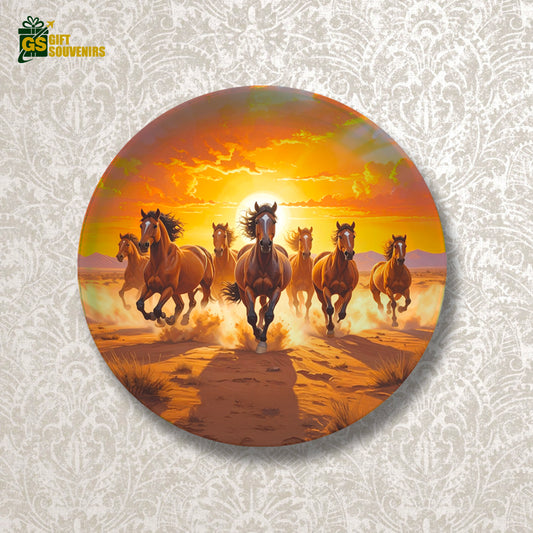 Spirit of the Wild – Galloping 7 Horses at Sunset Ceramic Wall Plate