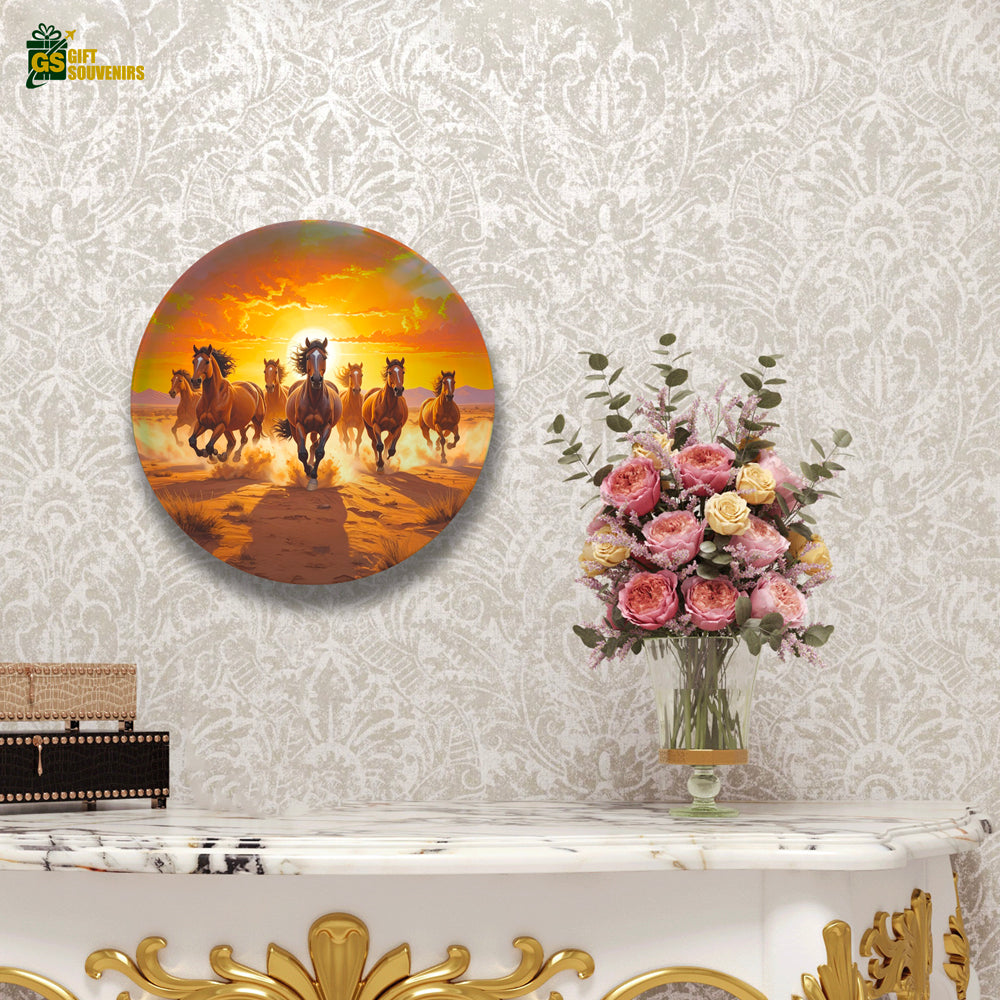 Spirit of the Wild – Galloping 7 Horses at Sunset Ceramic Wall Plate