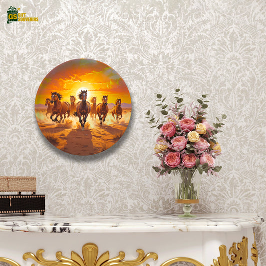 Spirit of the Wild – Galloping 7 Horses at Sunset Ceramic Wall Plate