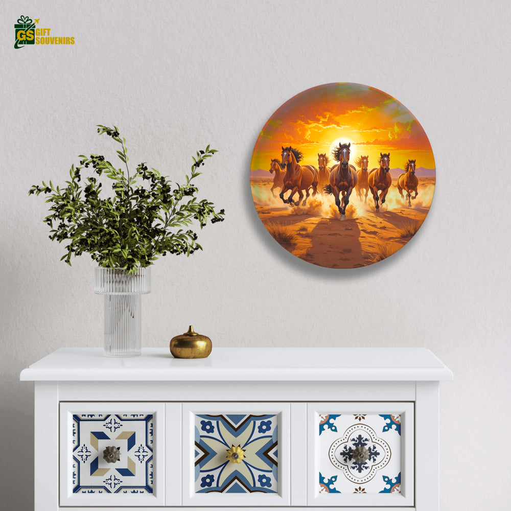 Spirit of the Wild – Galloping 7 Horses at Sunset Ceramic Wall Plate