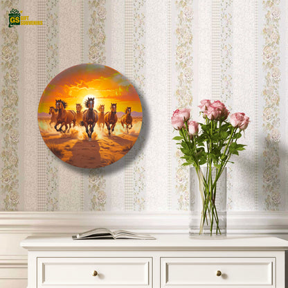 Spirit of the Wild – Galloping 7 Horses at Sunset Ceramic Wall Plate
