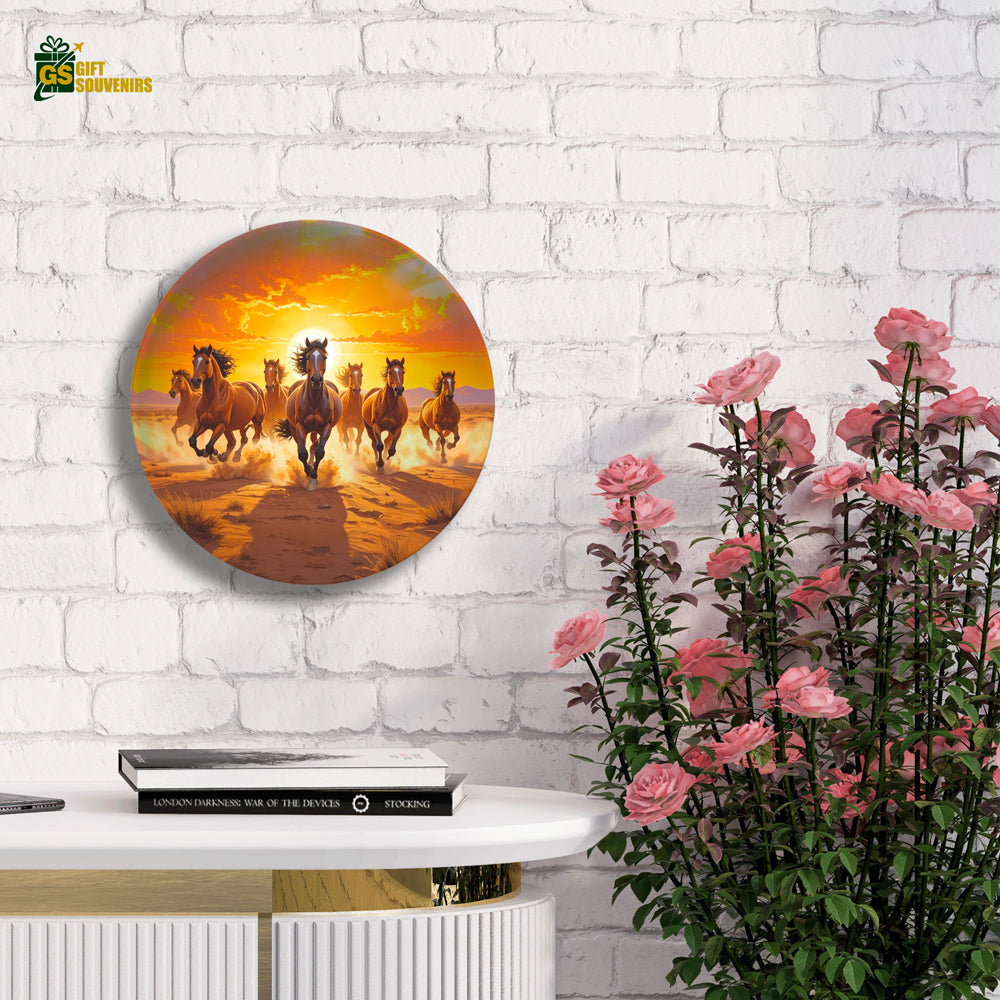 Spirit of the Wild – Galloping 7 Horses at Sunset Ceramic Wall Plate