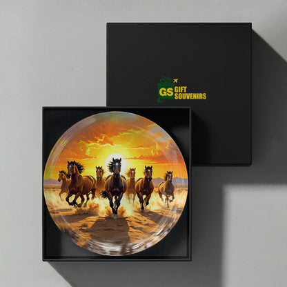Spirit of the Wild Vaastu ceramic wall plate featuring seven running horses presented in a premium gift box