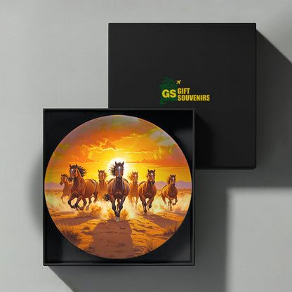 Spirit of the Wild – Galloping 7 Horses at Sunset Ceramic Wall Plate