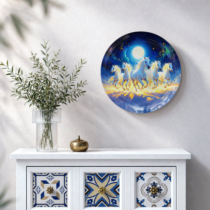 White horses ceramic wall plate featuring galloping horses in a vibrant moonlit landscape