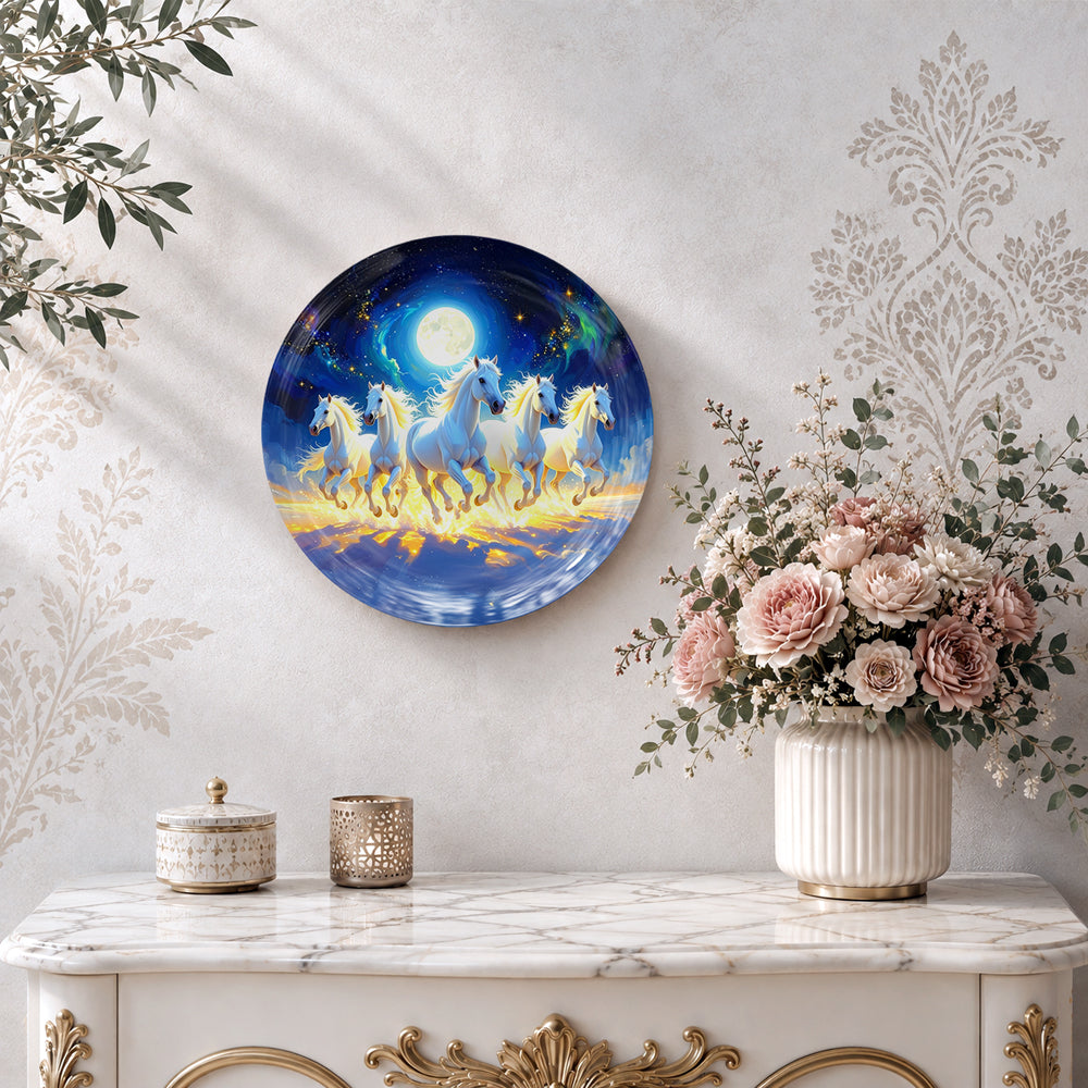 Vaastu running horses wall decor plate with white horses, full moon and golden reflections