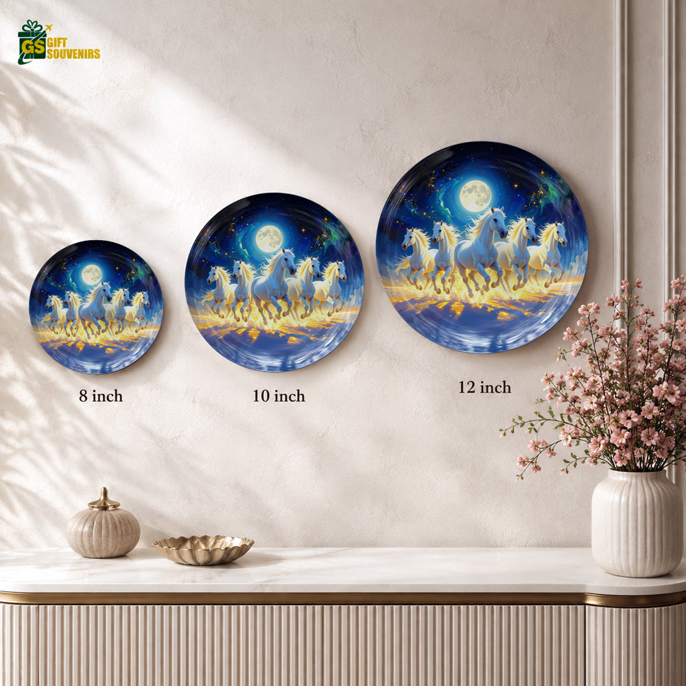 Running horses Vaastu ceramic wall plate with celestial artwork and premium gift box