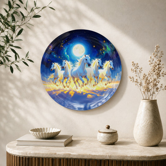 Moonlit White Horses Vaastu ceramic wall plate with running horses under a full moon