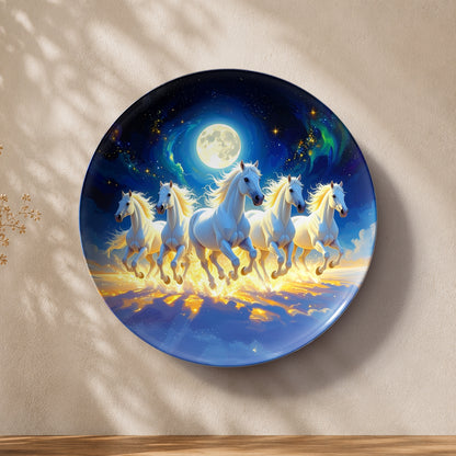 Moonlit White Horses ceramic wall plate for Vaastu and Feng Shui home decor
