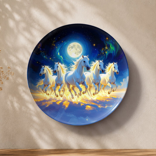 Moonlit White Horses ceramic wall plate for Vaastu and Feng Shui home decor