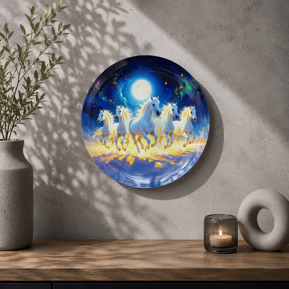 Moonlit White Horses decorative ceramic wall plate symbolizing progress, freedom and prosperity