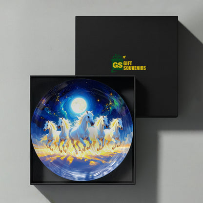 Moonlit White Horses Vaastu ceramic wall plate presented in a premium gift box for gifting