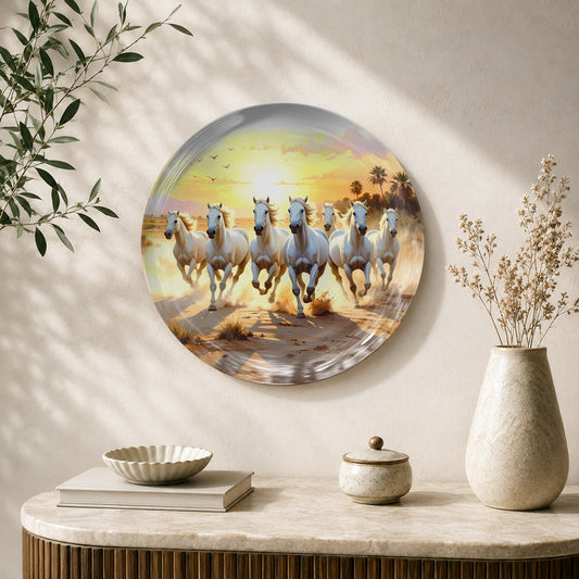 Golden Horizon Vaastu seven horses ceramic wall plate with running horses and golden sunset
