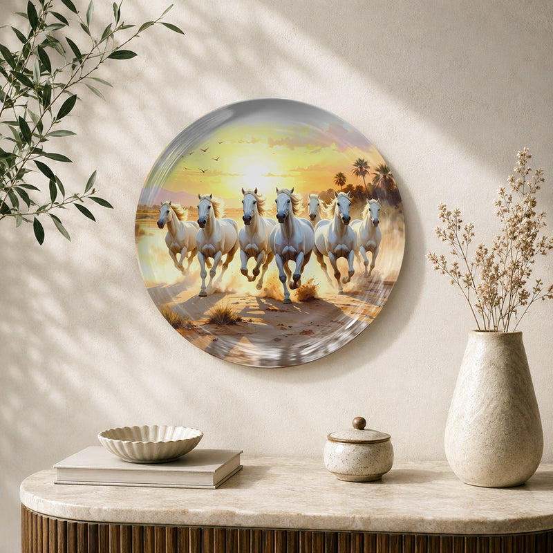 Golden Horizon Vaastu seven horses ceramic wall plate with running horses and golden sunset