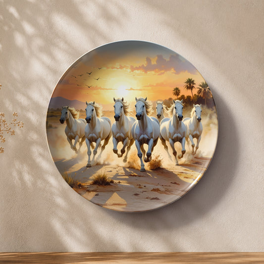 Golden Horizon seven horses ceramic wall plate for Vaastu and Feng Shui home decor