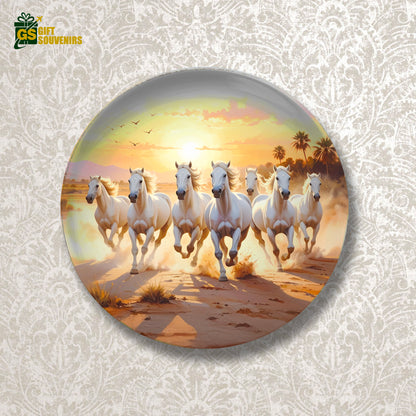 Golden Horizon – White Horses in Motion Ceramic Wall Plate