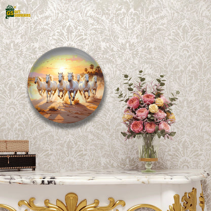 Golden Horizon – White Horses in Motion Ceramic Wall Plate