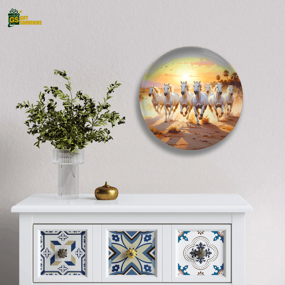 Golden Horizon – White Horses in Motion Ceramic Wall Plate