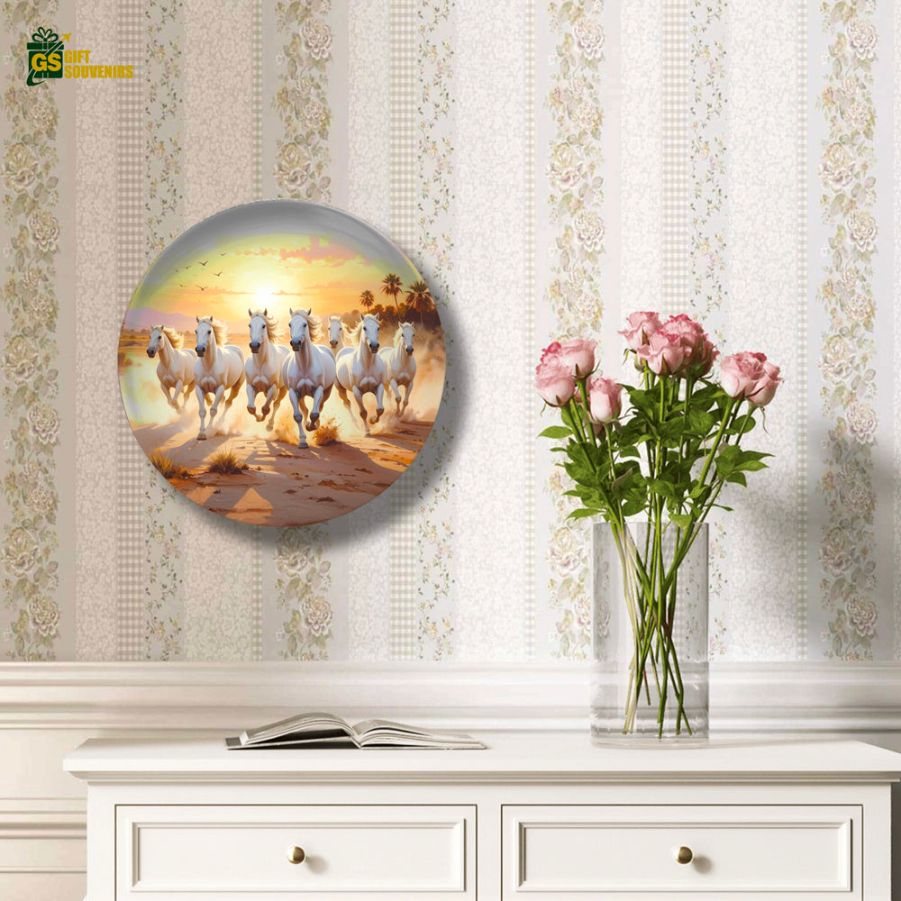 Golden Horizon – White Horses in Motion Ceramic Wall Plate