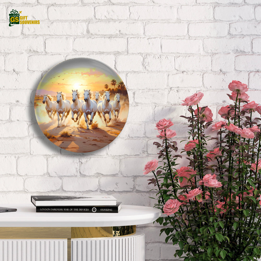 Golden Horizon – White Horses in Motion Ceramic Wall Plate