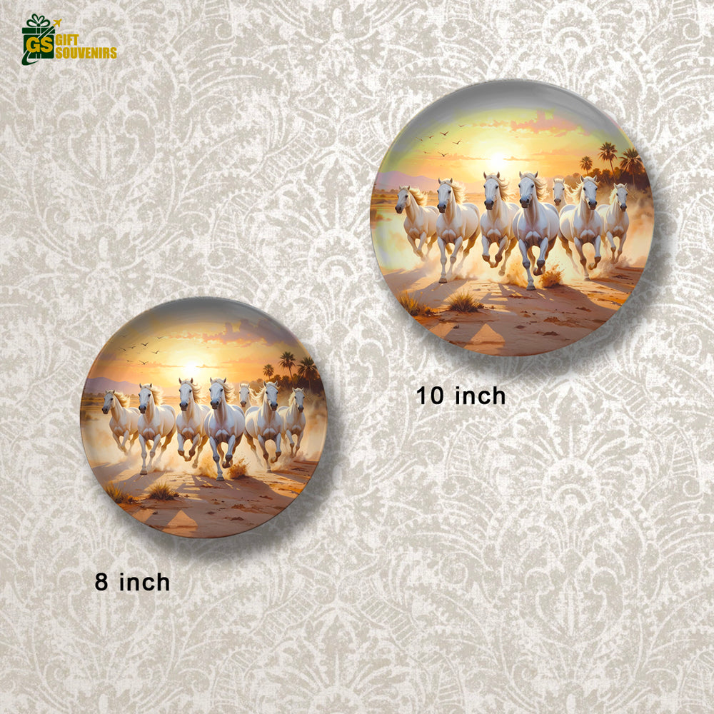 Golden Horizon – White Horses in Motion Ceramic Wall Plate