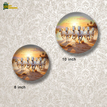 Golden Horizon – White Horses in Motion Ceramic Wall Plate