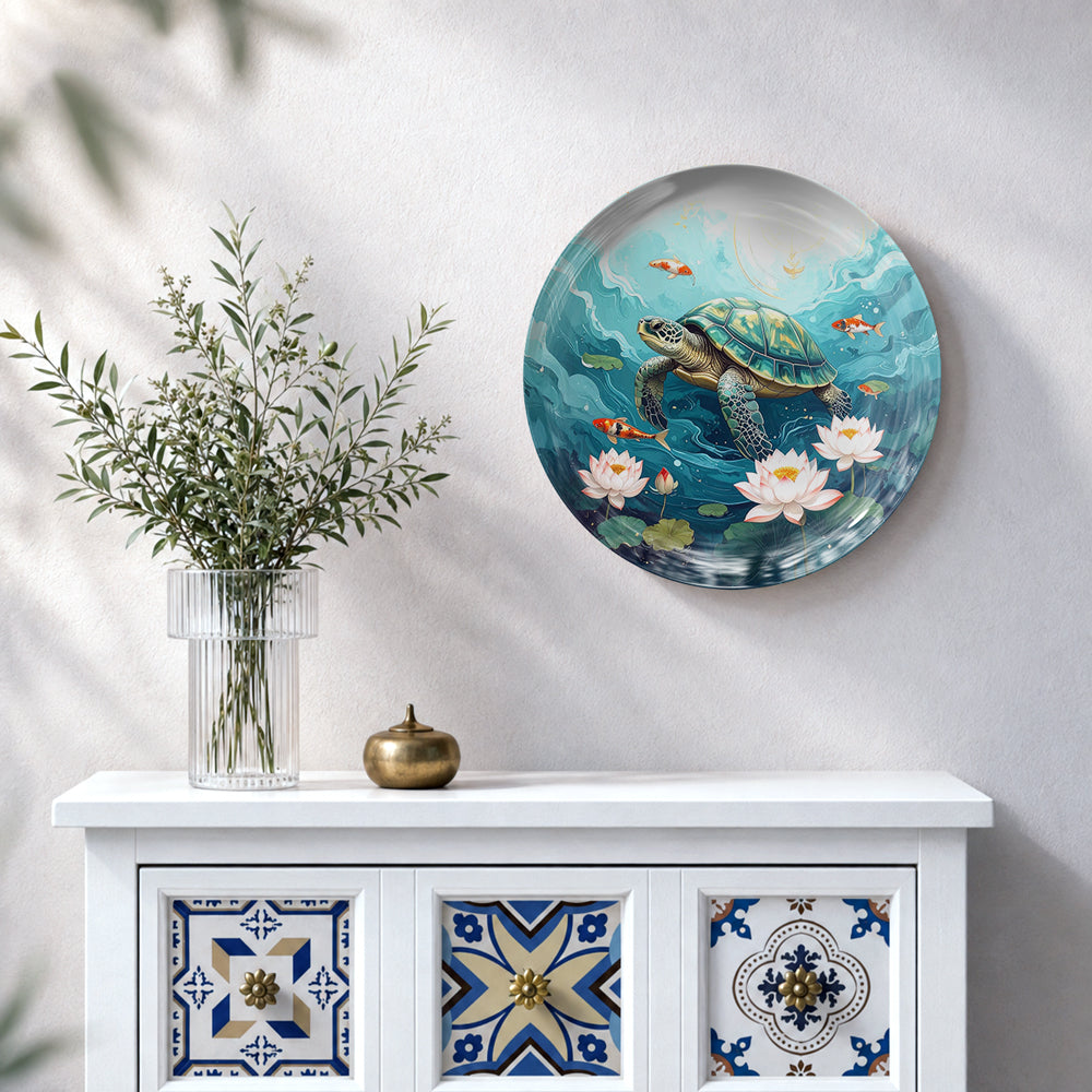 Vaastu turtle ceramic wall plate featuring a peaceful turtle, lotus flowers and aquatic artwork