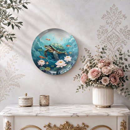 Serenity Beneath the Waves decorative turtle wall plate with vibrant turquoise water and lotus blooms
