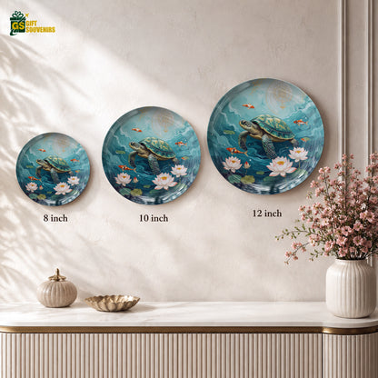 Serenity Beneath the Waves turtle ceramic wall plate displayed with a premium gift box