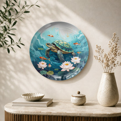 Serenity Beneath the Waves Vaastu turtle ceramic wall plate with lotus flowers and blue water