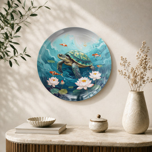 Serenity Beneath the Waves Vaastu turtle ceramic wall plate with lotus flowers and blue water