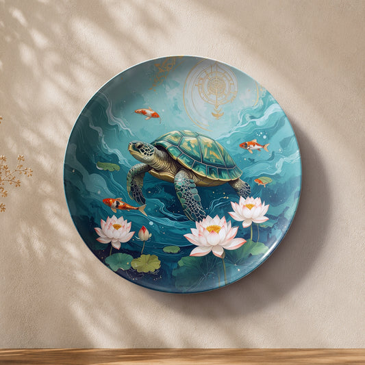 Serenity Beneath the Waves turtle and lotus ceramic wall plate for Vaastu home decor