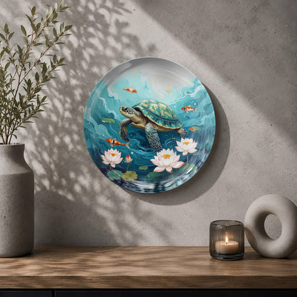 Turtle and lotus ceramic wall plate with underwater artwork for Feng Shui and peaceful home decor