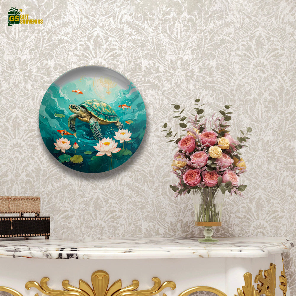 Serenity Beneath the Waves – Turtle & Lotus Ceramic Wall Plate