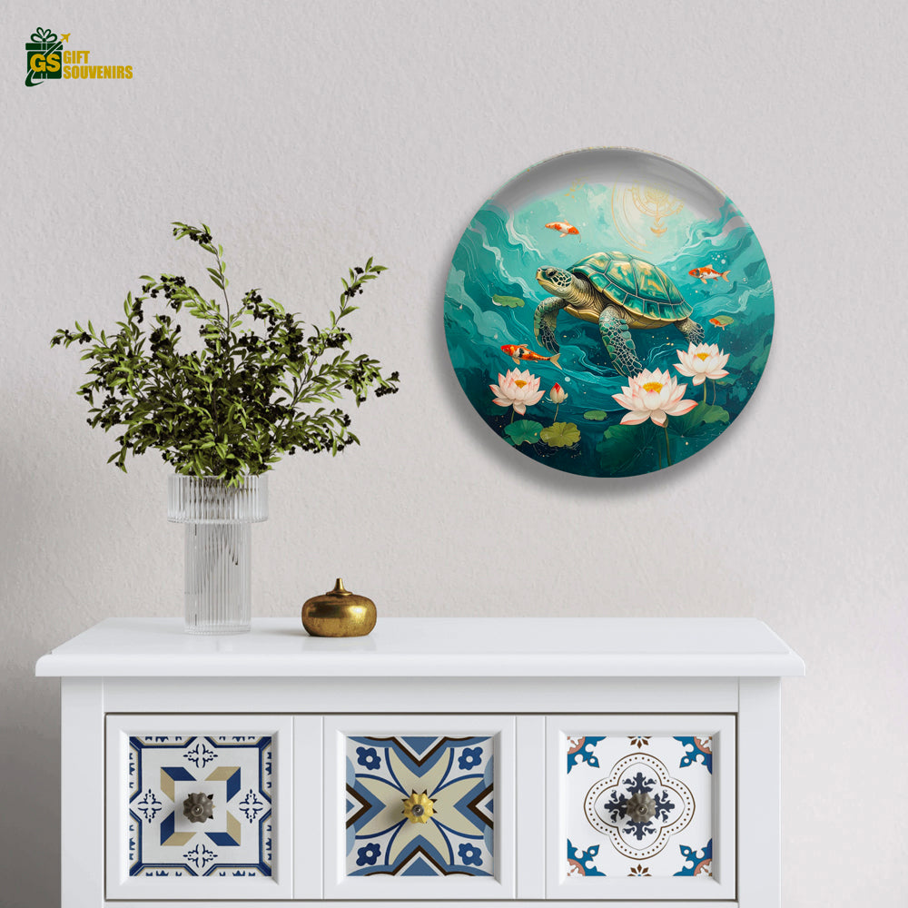 Serenity Beneath the Waves – Turtle & Lotus Ceramic Wall Plate
