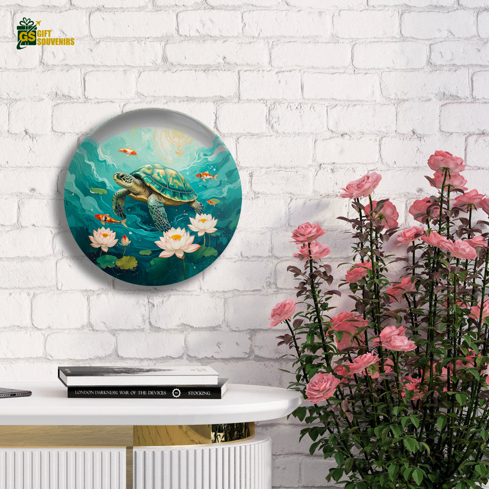 Serenity Beneath the Waves – Turtle & Lotus Ceramic Wall Plate