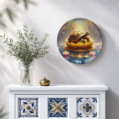 Vaastu tortoise ceramic wall plate featuring a turtle on a golden lotus with blue water artwork