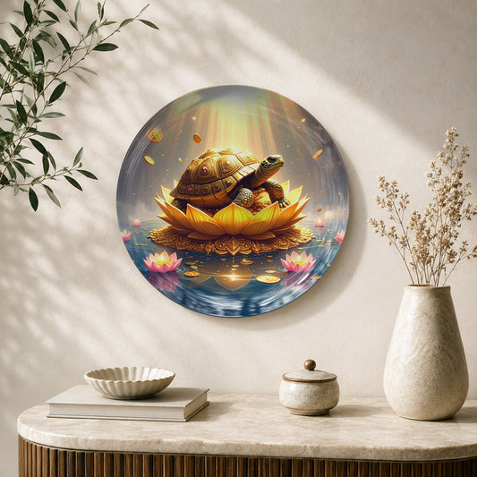 Golden Prosperity Vaastu tortoise ceramic wall plate with golden lotus artwork for wealth and prosperity
