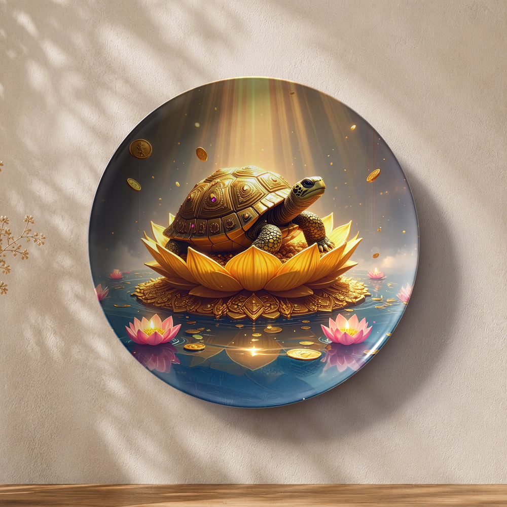 Golden Prosperity wealth turtle ceramic wall plate with radiant golden lotus for Vaastu decor